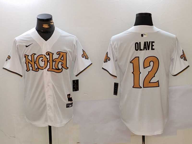 Mens New Orleans Saints #12 Chris Olave Number White Nola Baseball Jerseys